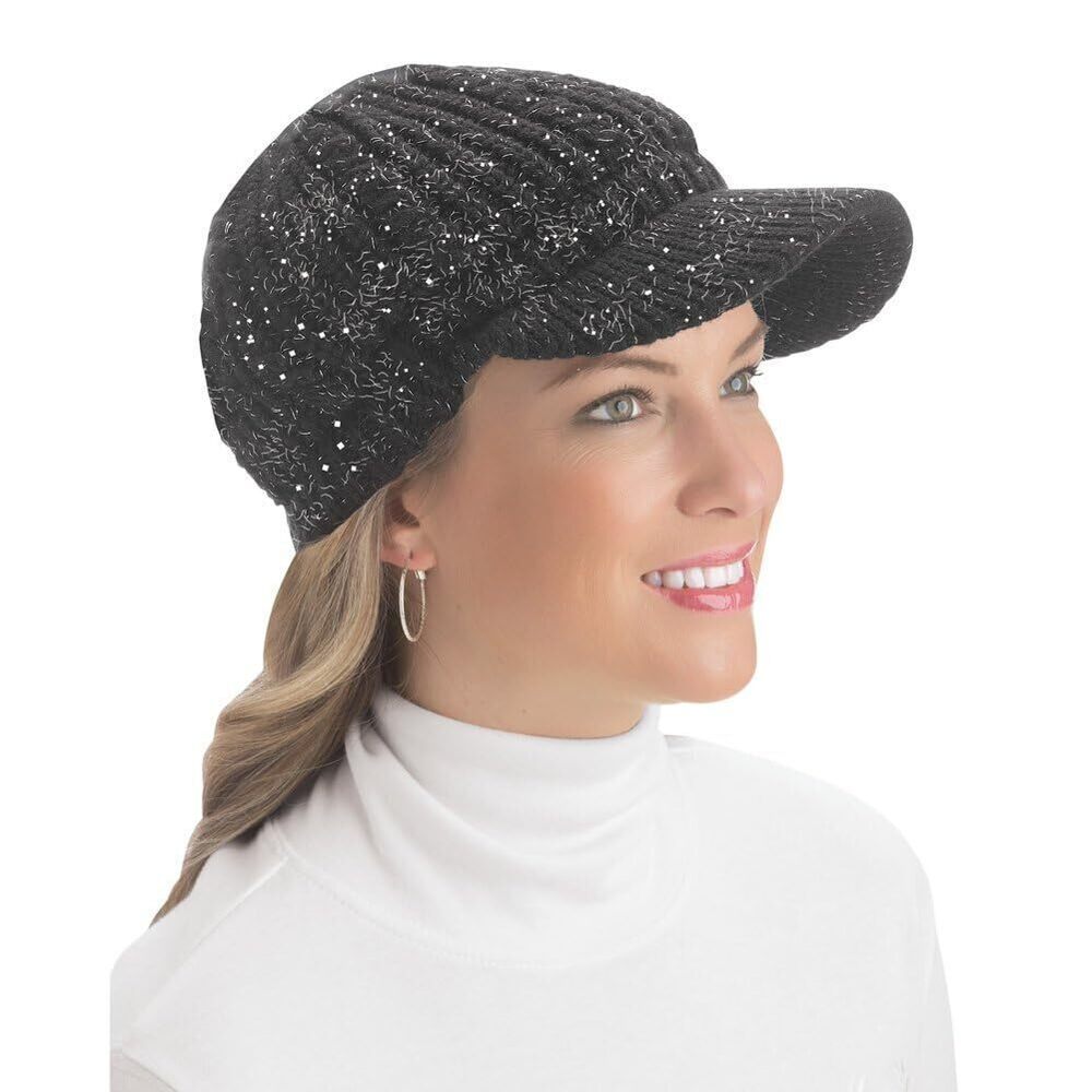 3752 Lurex Cable Knit Beanie Hat with Visor Brim - Stylish Winter